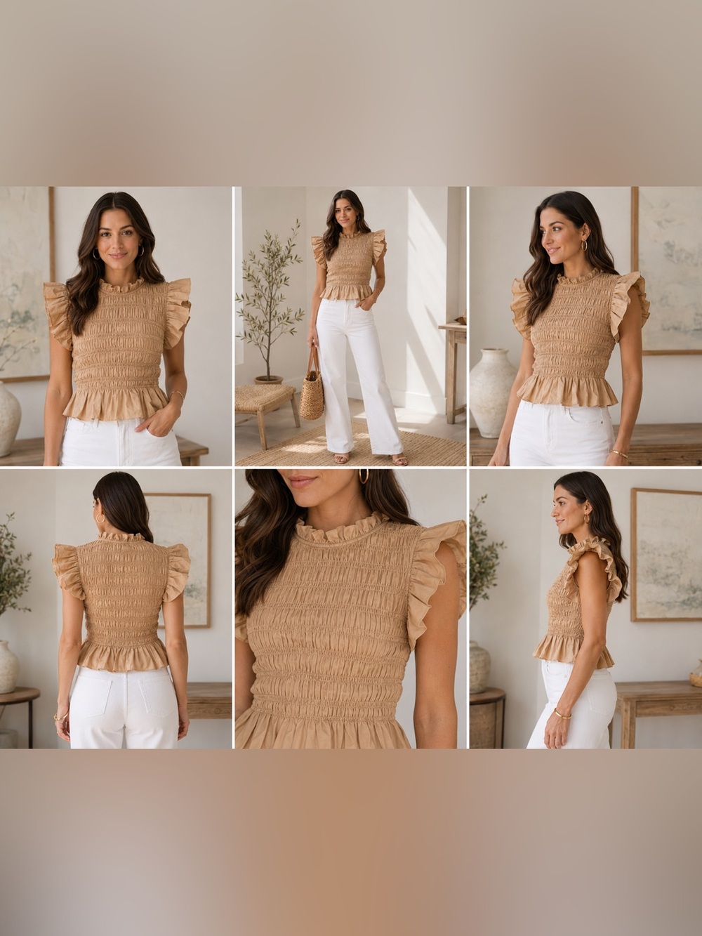 Hyacinth House Nadine Smocked Ruffle Peplum Boho Cottagecore Coquette Tan Blouse